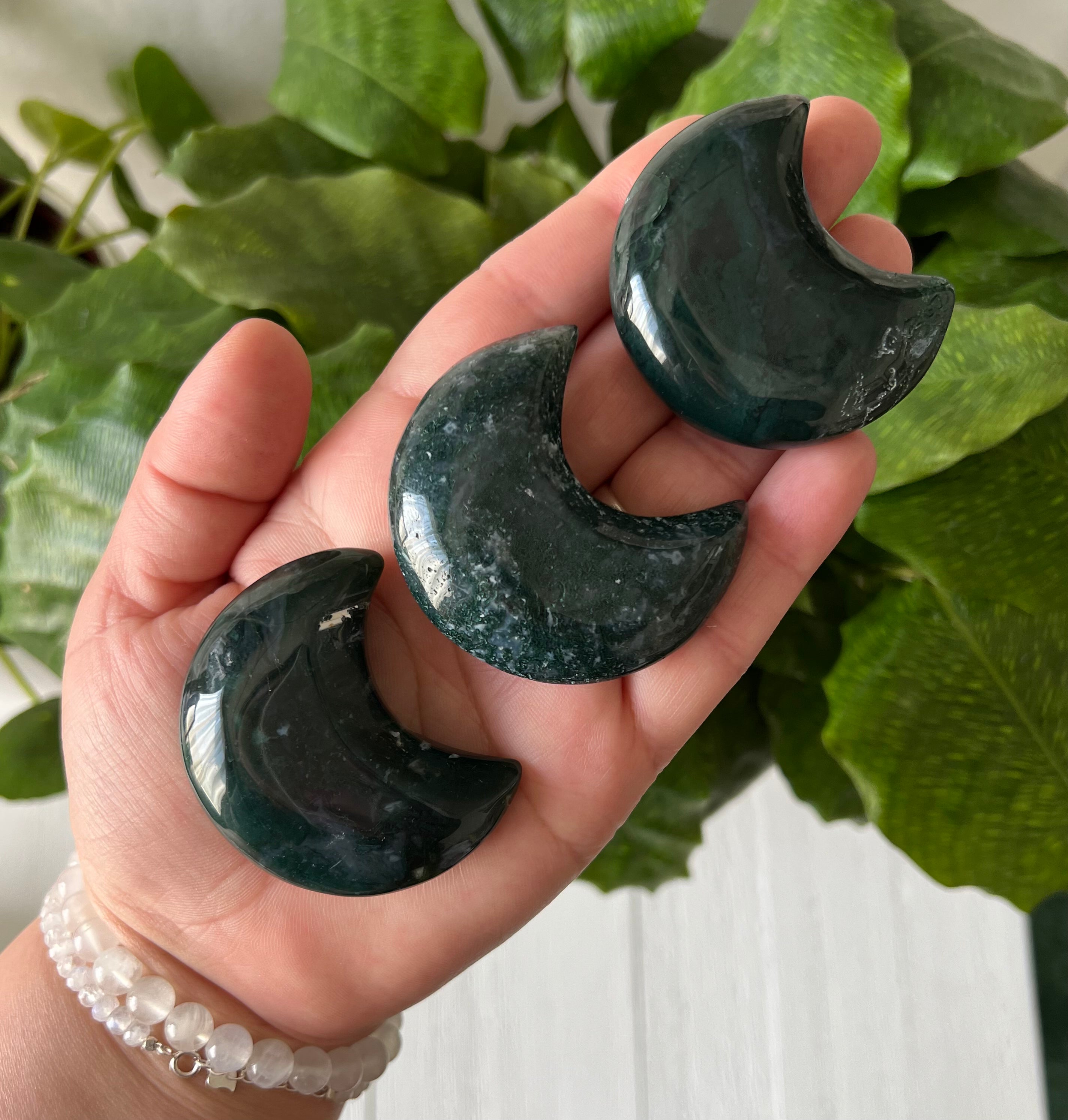 Moss Agate Crescent Moon (Dark)